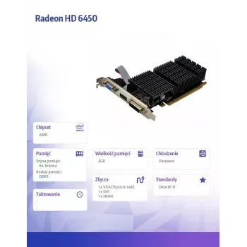 Karta graficzna AFOX Radeon HD 6450 2 GB DDR3 64-bitowa DVI HDMI VGA niskoprofilowa pasywna AF6450-2048D3L9-V2