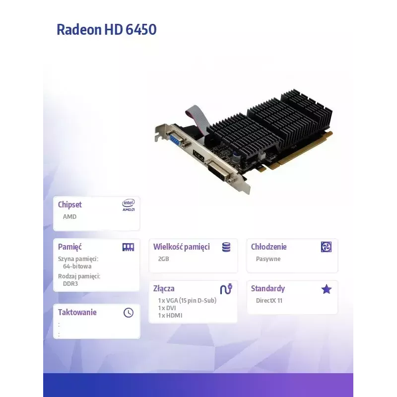 Karta graficzna AFOX Radeon HD 6450 2 GB DDR3 64-bitowa DVI HDMI VGA niskoprofilowa pasywna AF6450-2048D3L9-V2