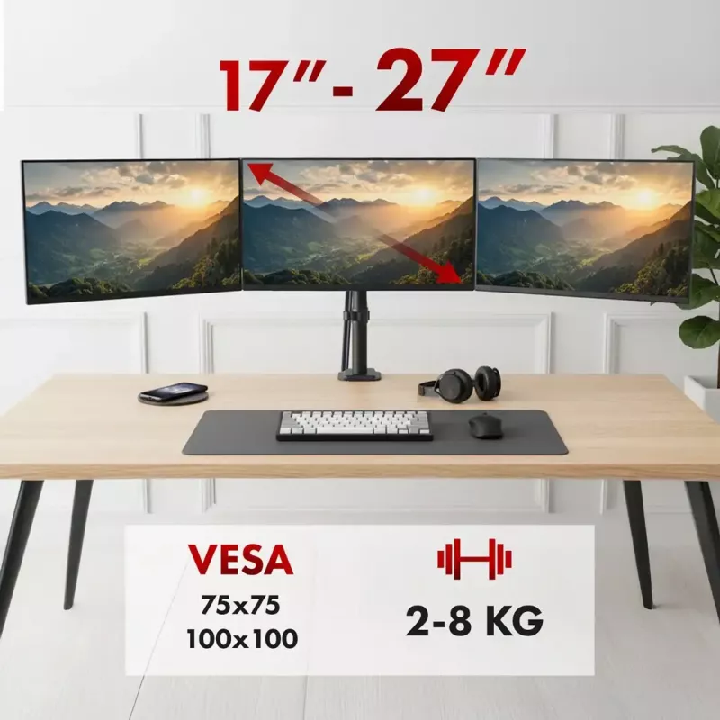 Uchwyt do monitora MACLEAN MC-137 — sprężynowy, na 3 monitory 17–27 cali, 2–8 kg każdy, czarny