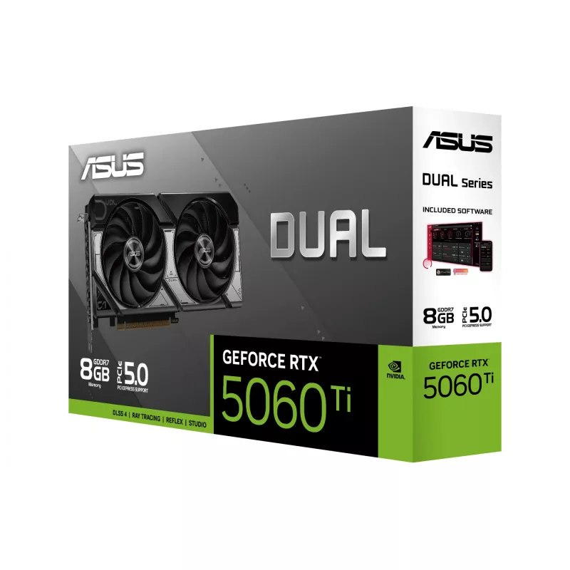 Karta graficzna ASUS GeForce RTX 5060 Ti Dual — 8 GB GDDR7, 128-bit, PCIe 5.0, chłodzenie aktywne (2 wentylatory), maks. 7680×4320