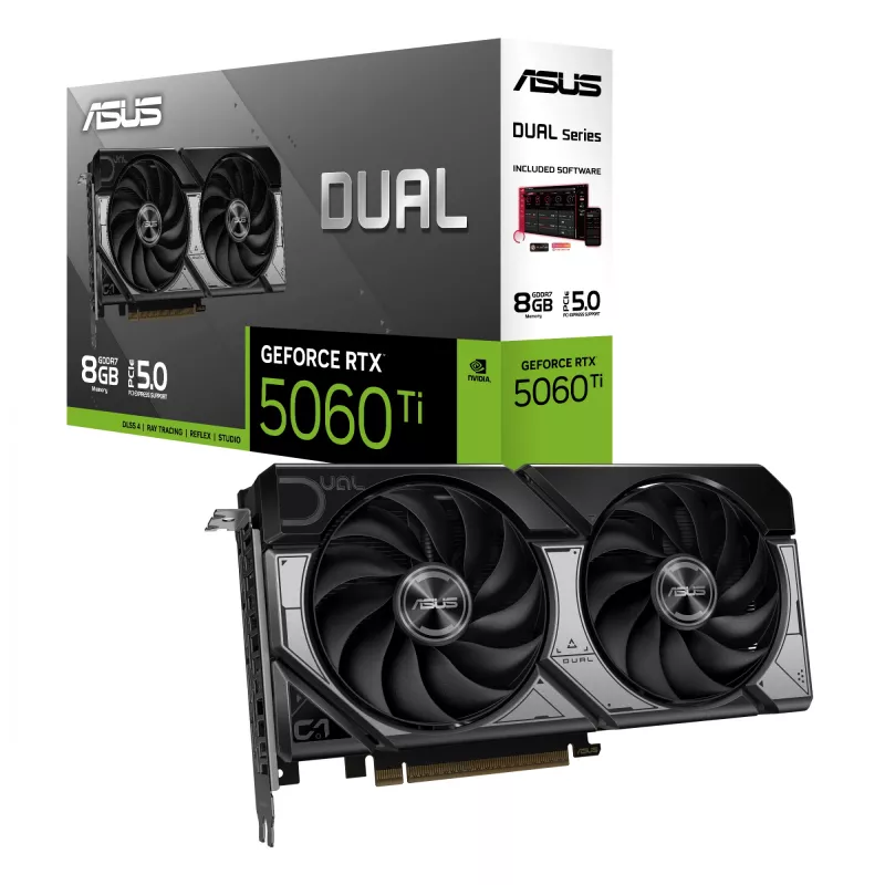 Karta graficzna ASUS GeForce RTX 5060 Ti Dual — 8 GB GDDR7, 128-bit, PCIe 5.0, chłodzenie aktywne (2 wentylatory), maks. 7680×4320