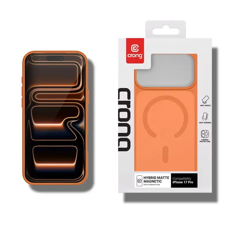 Etui Crong Hybrid Matte Magnetic MagSafe do iPhone 17 Pro — PC+TPU, półprzezroczysty pomarańczowy