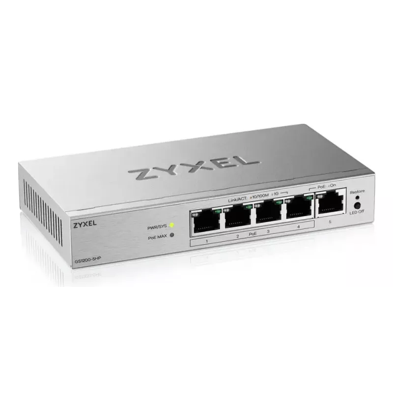 Managed L2 Gigabit PoE Desktop Switch Zyxel GS1200-5HPV3 — 5x Gigabit (10/100/1000), PoE, DC-in, 10 Gbps switching capacity