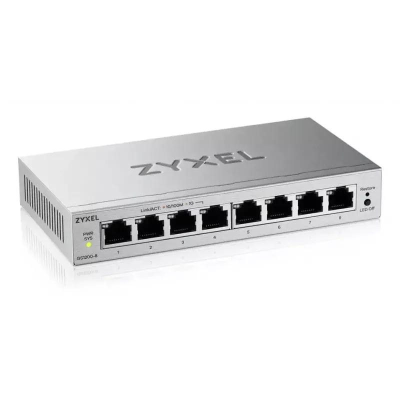 Zarządzalny przełącznik Gigabit Ethernet L2 Zyxel GS1200-8V3 — 8x RJ-45 10/100/1000, 16 Gbit/s, MAC 4000, desktop, szary