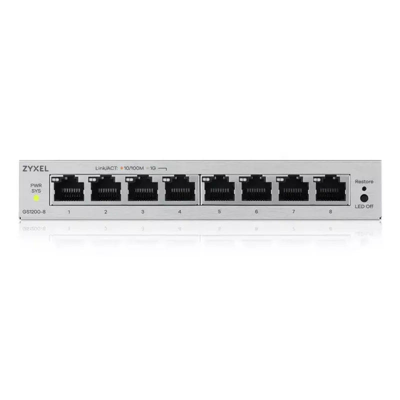 Zarządzalny przełącznik Gigabit Ethernet L2 Zyxel GS1200-8V3 — 8x RJ-45 10/100/1000, 16 Gbit/s, MAC 4000, desktop, szary