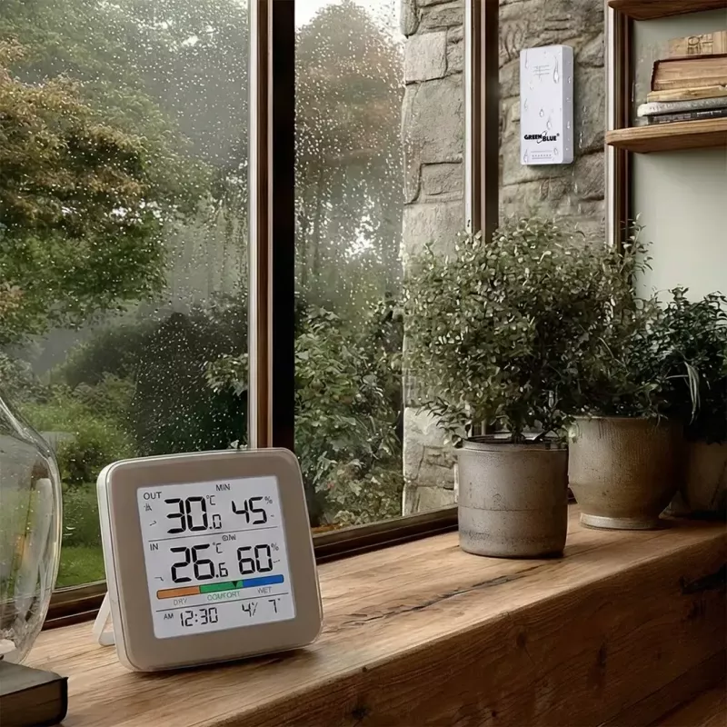 Bezprzewodowa stacja pogodowa GreenBlue GB169 — temperatura i wilgotność wewnątrz/na zewnątrz, zegar, alarm, zasięg do 60 m, wybór °C/°F