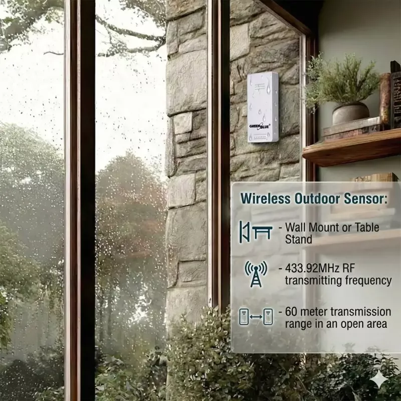 Bezprzewodowa stacja pogodowa GreenBlue GB169 — temperatura i wilgotność wewnątrz/na zewnątrz, zegar, alarm, zasięg do 60 m, wybór °C/°F