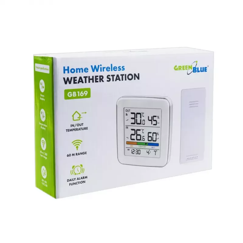 Bezprzewodowa stacja pogodowa GreenBlue GB169 — temperatura i wilgotność wewnątrz/na zewnątrz, zegar, alarm, zasięg do 60 m, wybór °C/°F