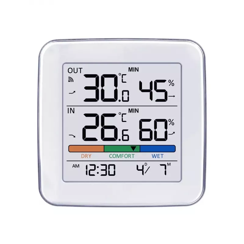 Bezprzewodowa stacja pogodowa GreenBlue GB169 — temperatura i wilgotność wewnątrz/na zewnątrz, zegar, alarm, zasięg do 60 m, wybór °C/°F