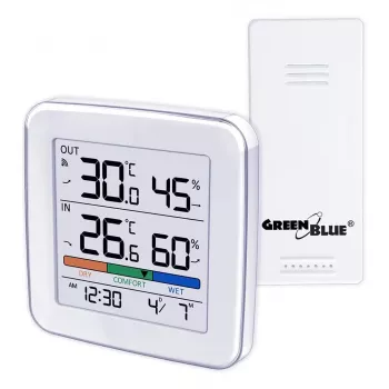 Bezprzewodowa stacja pogodowa GreenBlue GB169 — temperatura i wilgotność wewnątrz/na zewnątrz, zegar, alarm, zasięg do 60 m, wybór °C/°F