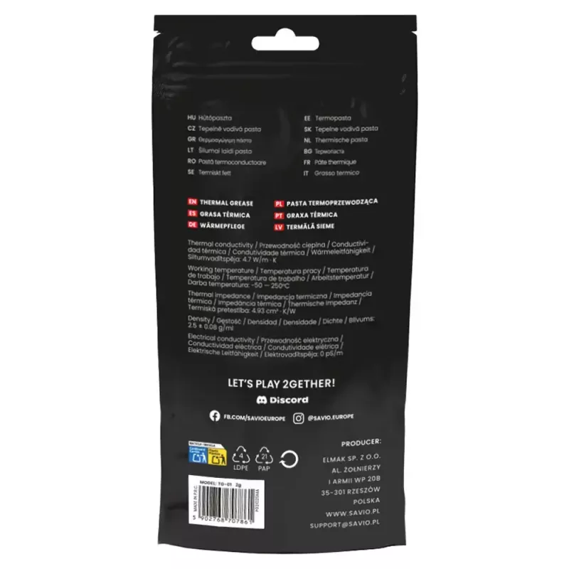 Pasta termoprzewodząca SAVIO TG-01 2G — przewodność cieplna 4,7 W/m·K, 2 ml, szary/czarny