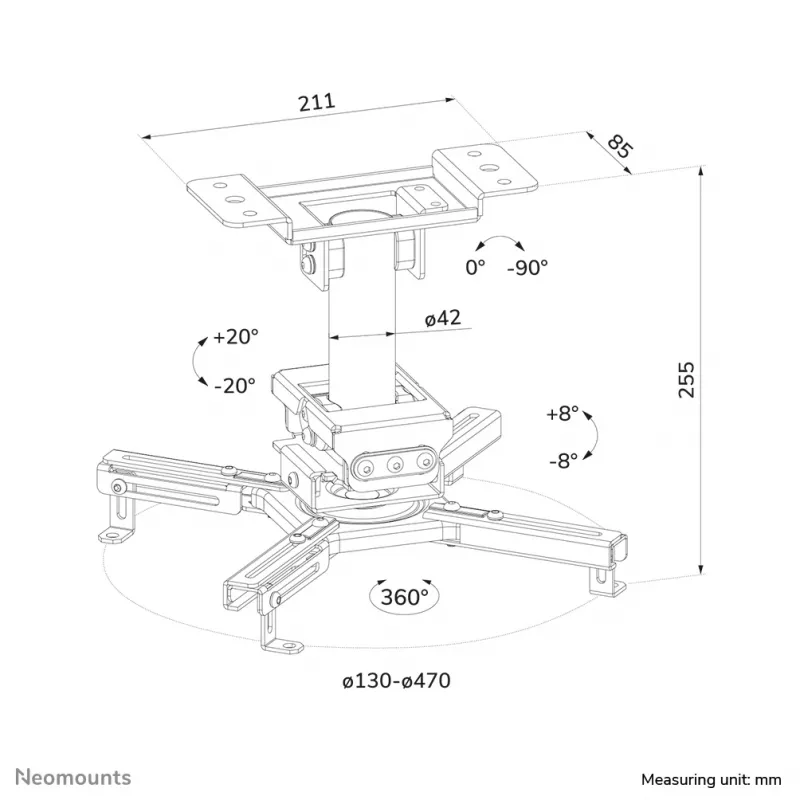 Uchwyt sufitowy do projektora Neomounts CL25-530WH1 — pełny ruch, maks. obciążenie 45 kg, wysokość 25,5 cm, biały
