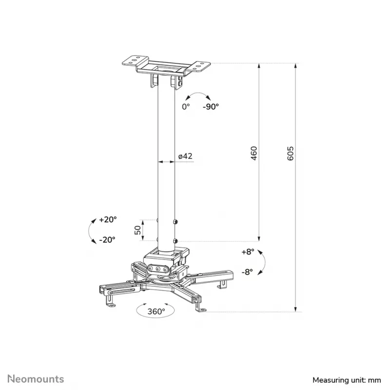 Neomounts CL25-540WH1 Uchwyt sufitowy do projektora - wys. 60,5-90,5 cm - łatwy montaż - pełny zakres ruchu