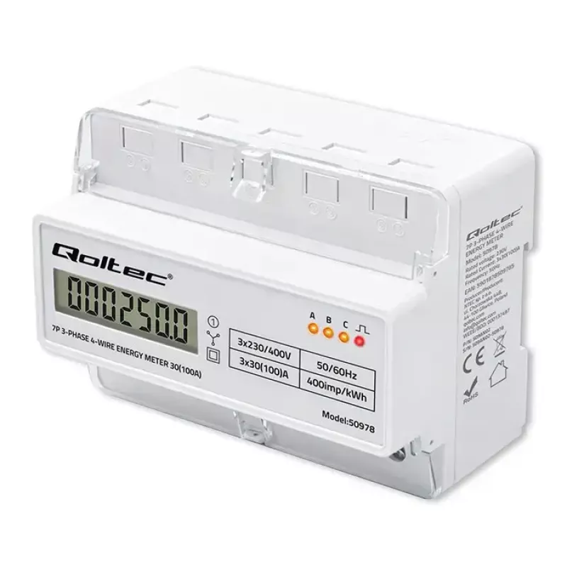 Trójfazowy licznik energii na szynę DIN QOLTEC 50978 — 400 V, 100 A