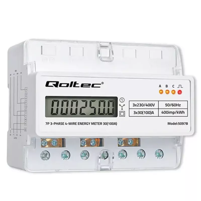 Trójfazowy licznik energii na szynę DIN QOLTEC 50978 — 400 V, 100 A