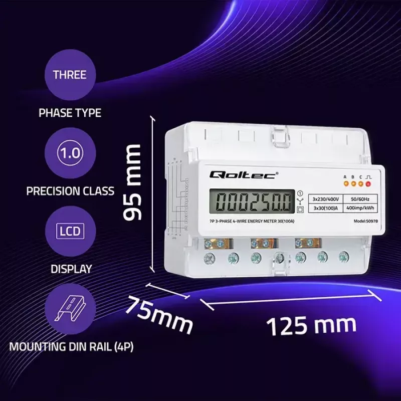 Trójfazowy licznik energii na szynę DIN QOLTEC 50978 — 400 V, 100 A