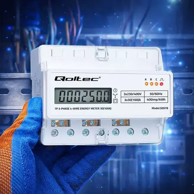 Trójfazowy licznik energii na szynę DIN QOLTEC 50978 — 400 V, 100 A