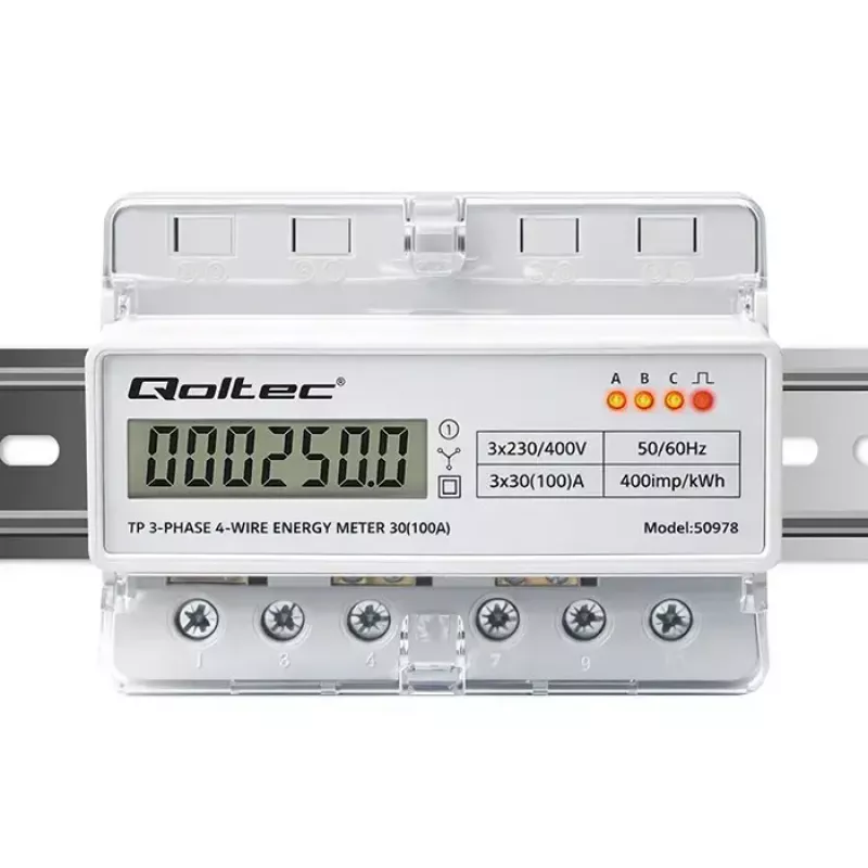 Trójfazowy licznik energii na szynę DIN QOLTEC 50978 — 400 V, 100 A
