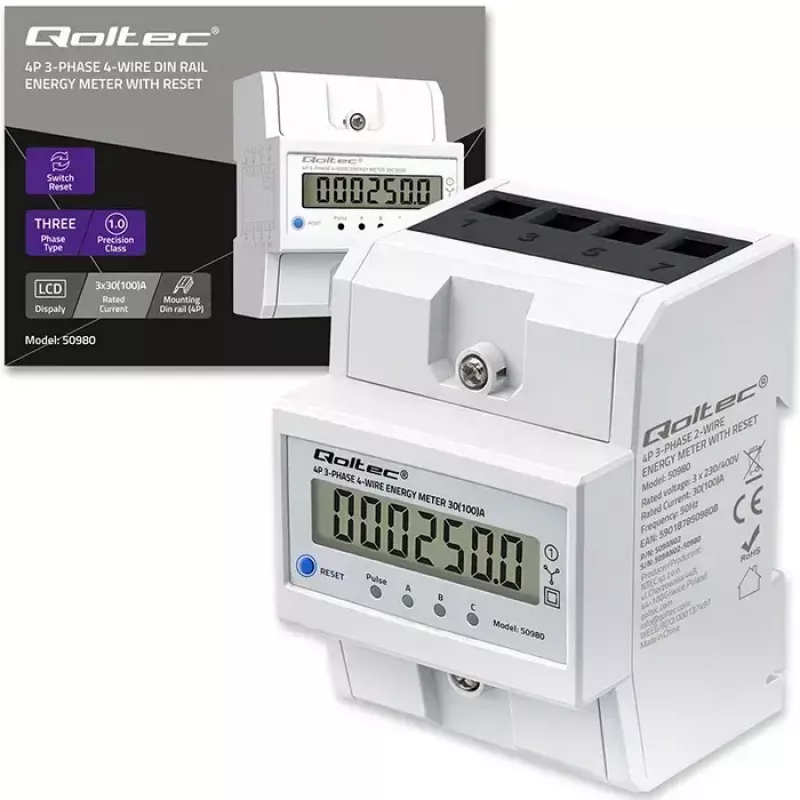 Trójfazowy licznik energii QOLTEC 50980 — 400 V, 100 A z resetem