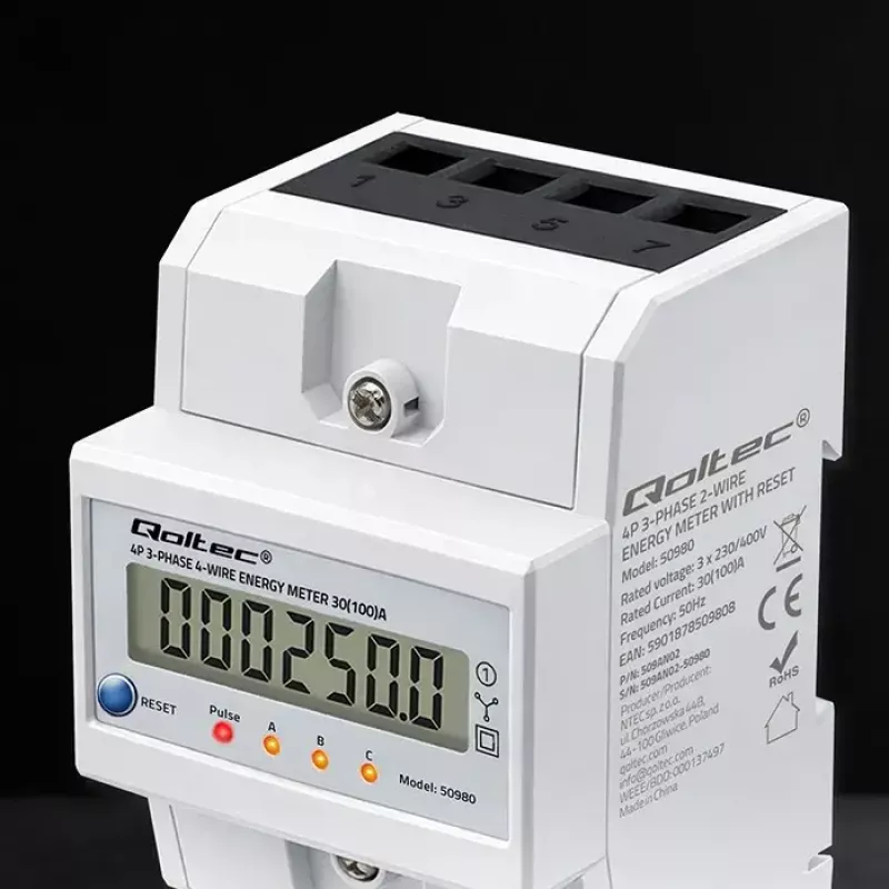 Trójfazowy licznik energii QOLTEC 50980 — 400 V, 100 A z resetem