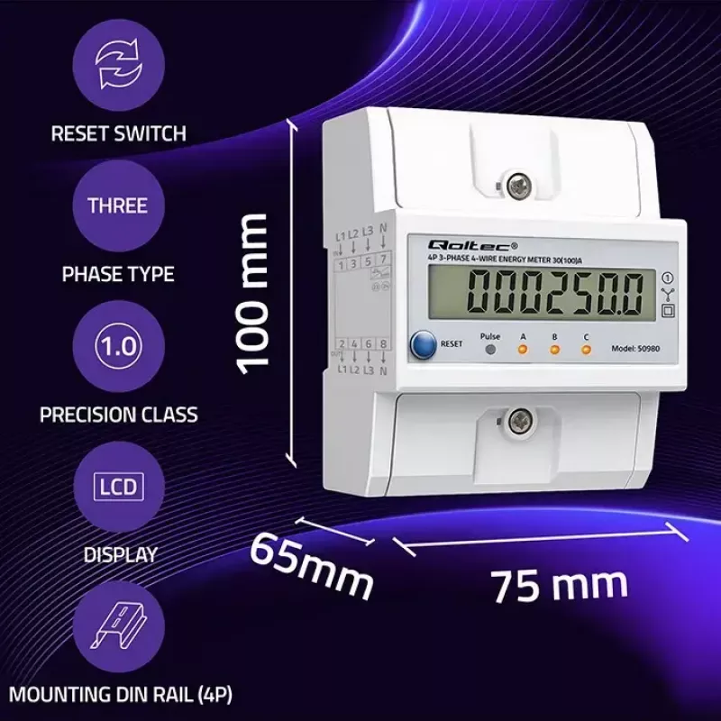 Trójfazowy licznik energii QOLTEC 50980 — 400 V, 100 A z resetem
