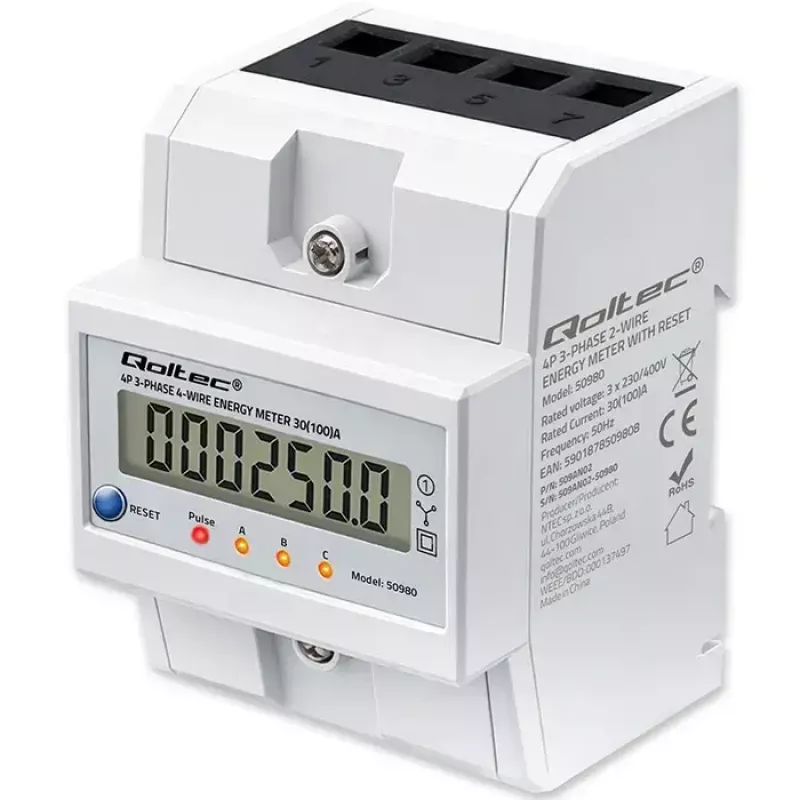 Trójfazowy licznik energii QOLTEC 50980 — 400 V, 100 A z resetem