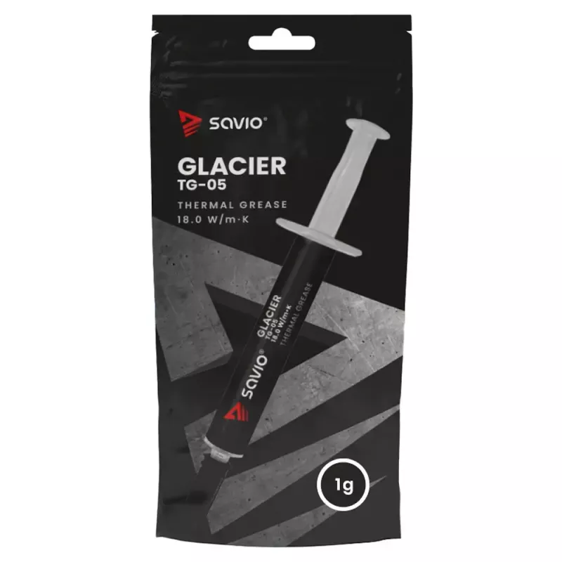 Pasta termoprzewodząca SAVIO TG-05 1 g — przewodność cieplna 18 W/m·K, szara, gęstość 2,6 g/cm³