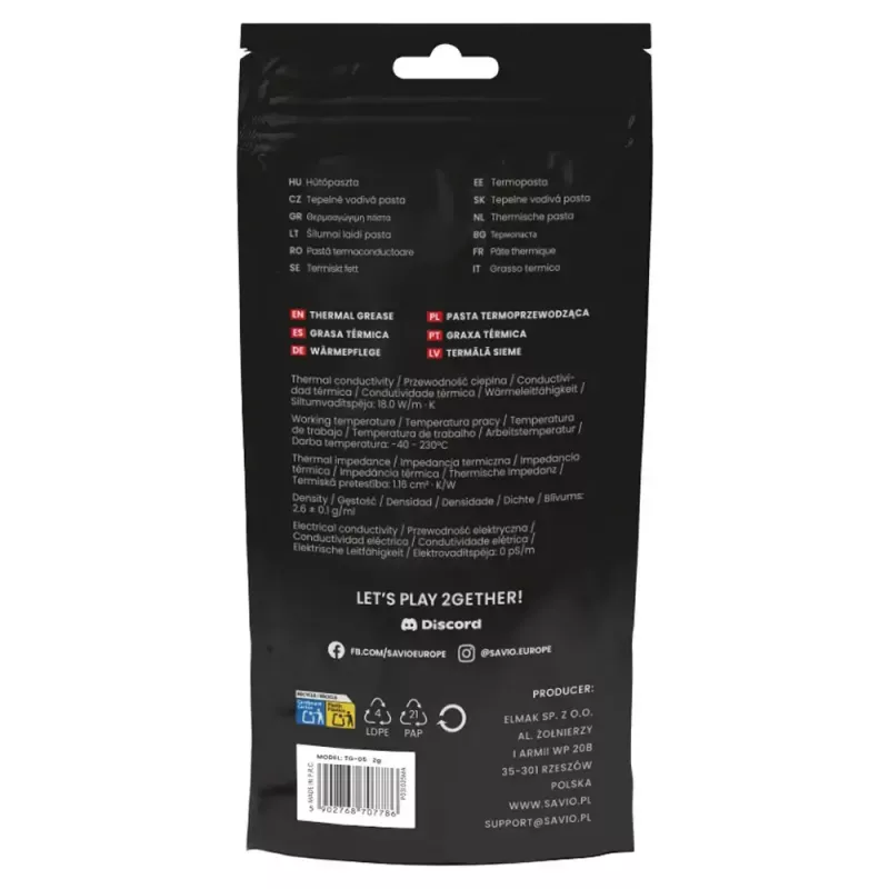 Pasta termoprzewodząca SAVIO TG-05 2g — przewodność cieplna 18 W/m·K, 2 ml