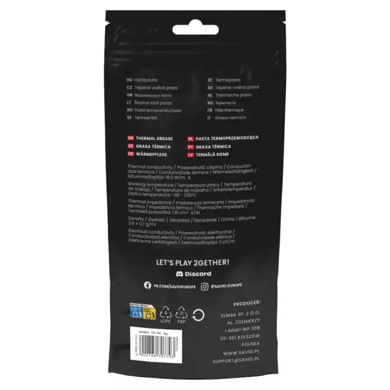 Pasta termoprzewodząca SAVIO TG-05 4g — przewodność cieplna 18 W/m·K, lepkość 2,6 g/ml