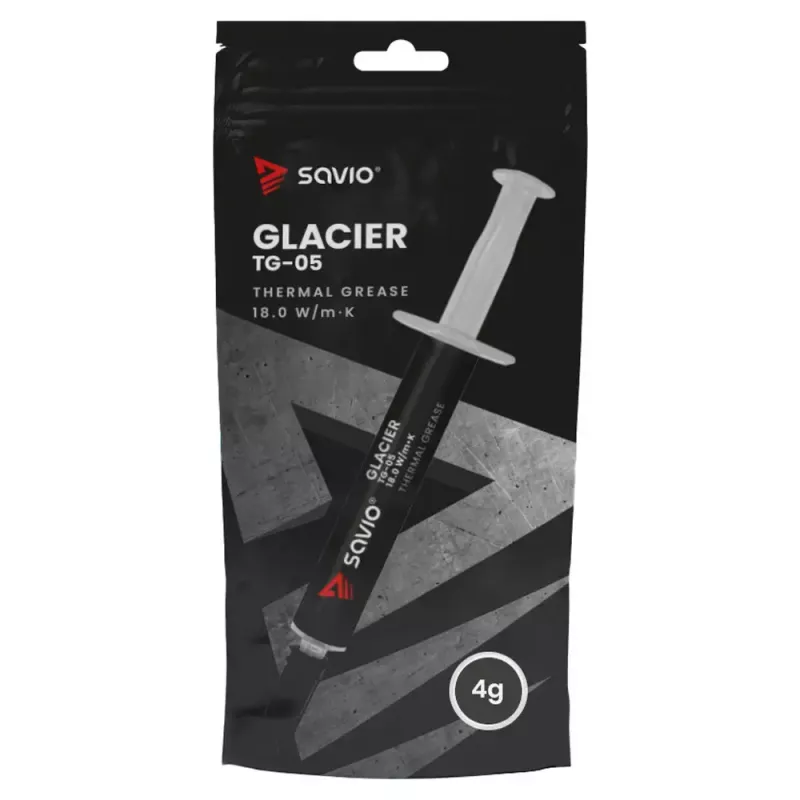 Pasta termoprzewodząca SAVIO TG-05 4g — przewodność cieplna 18 W/m·K, lepkość 2,6 g/ml