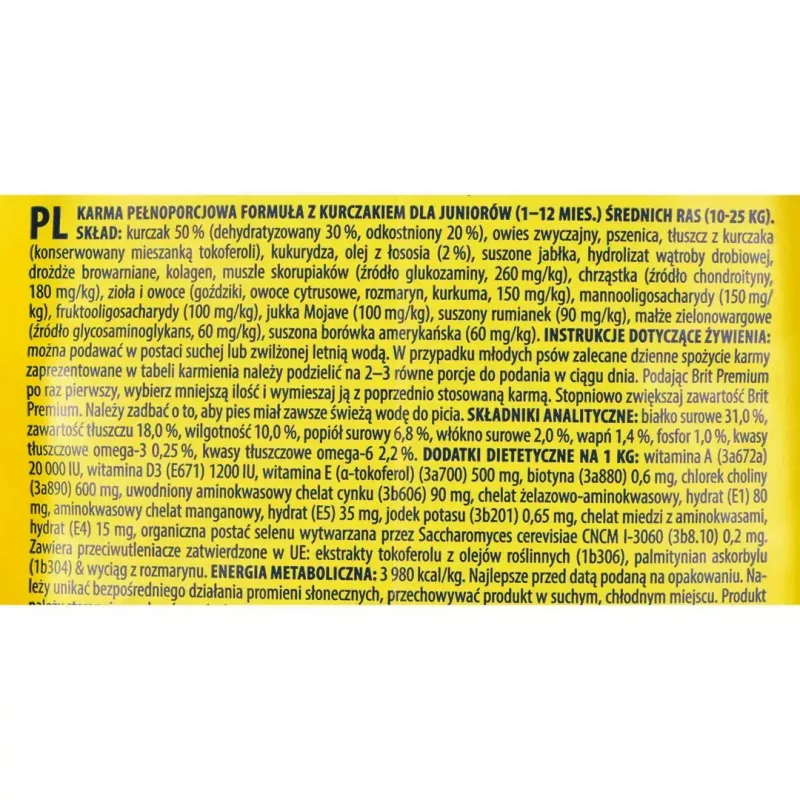 Sucha karma dla psa Brit Premium By Nature Junior — formuła z kurczakiem, 15 kg, białko 31% tłuszcz 18%