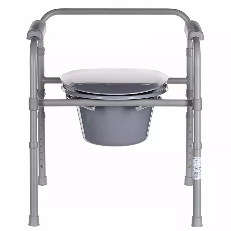 Folding toilet chair ANTAR with armrests, storage box, steel frame, adjustable height 35–50 cm, max load 120 kg, szary