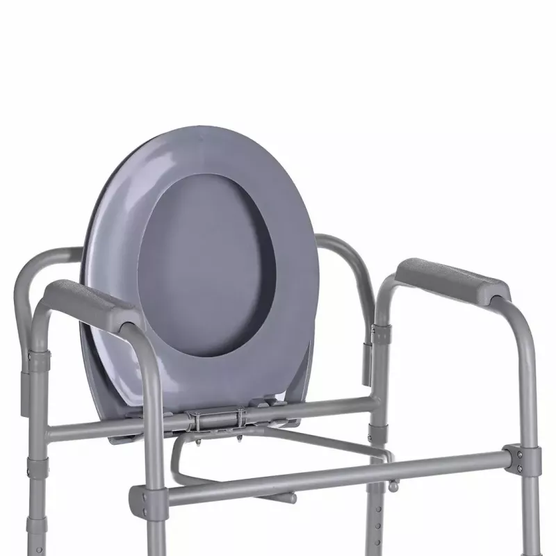 Folding toilet chair ANTAR with armrests, storage box, steel frame, adjustable height 35–50 cm, max load 120 kg, szary