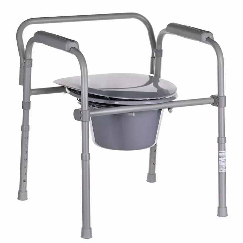Folding toilet chair ANTAR with armrests, storage box, steel frame, adjustable height 35–50 cm, max load 120 kg, szary