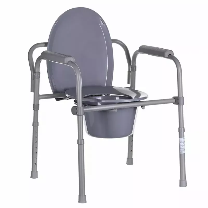 Folding toilet chair ANTAR with armrests, storage box, steel frame, adjustable height 35–50 cm, max load 120 kg, szary