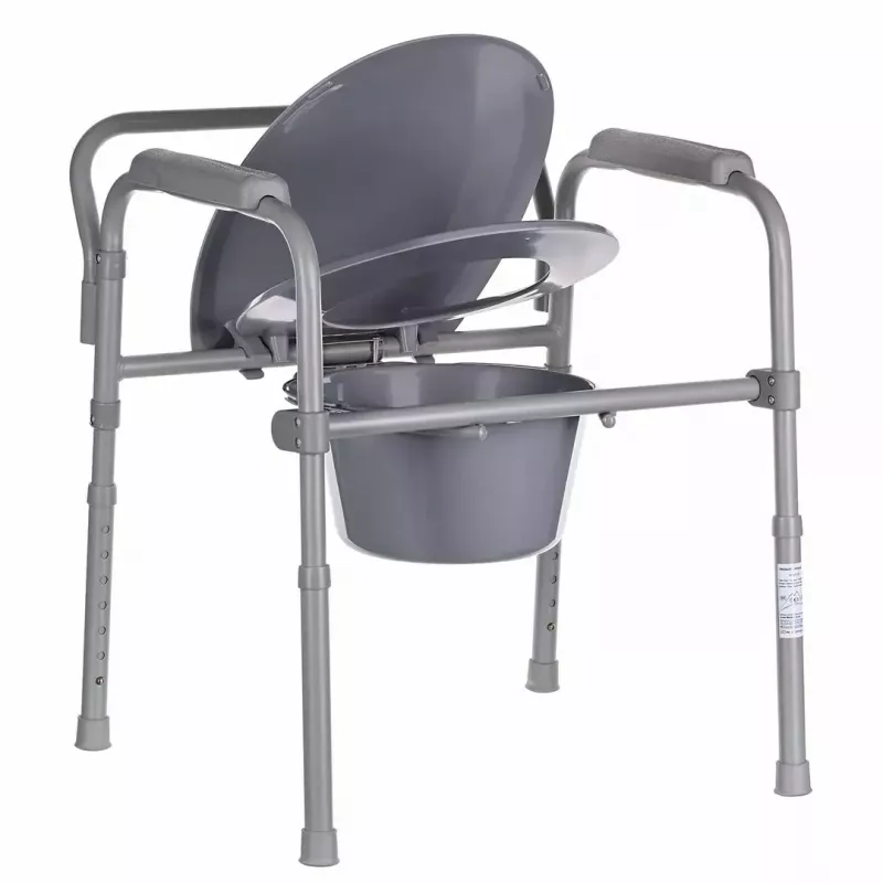 Folding toilet chair ANTAR with armrests, storage box, steel frame, adjustable height 35–50 cm, max load 120 kg, szary