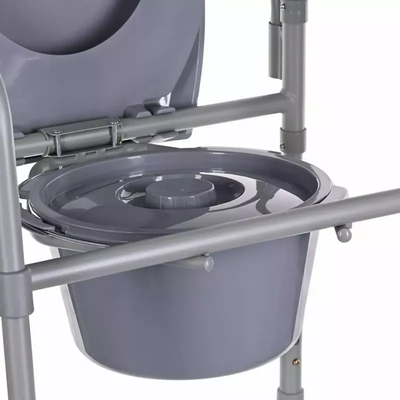 Folding toilet chair ANTAR with armrests, storage box, steel frame, adjustable height 35–50 cm, max load 120 kg, szary