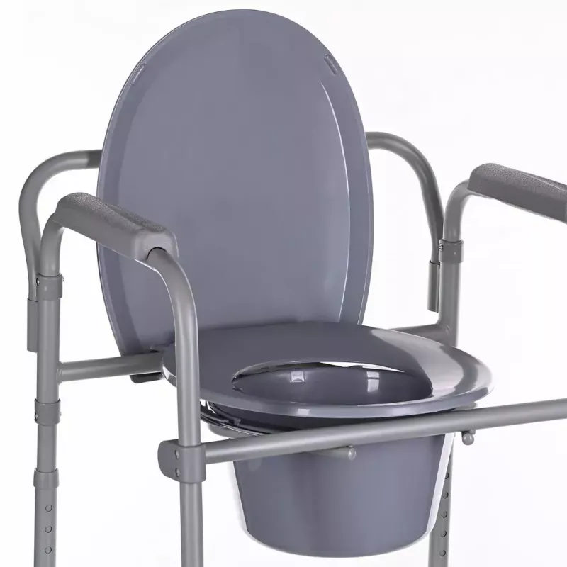 Folding toilet chair ANTAR with armrests, storage box, steel frame, adjustable height 35–50 cm, max load 120 kg, szary