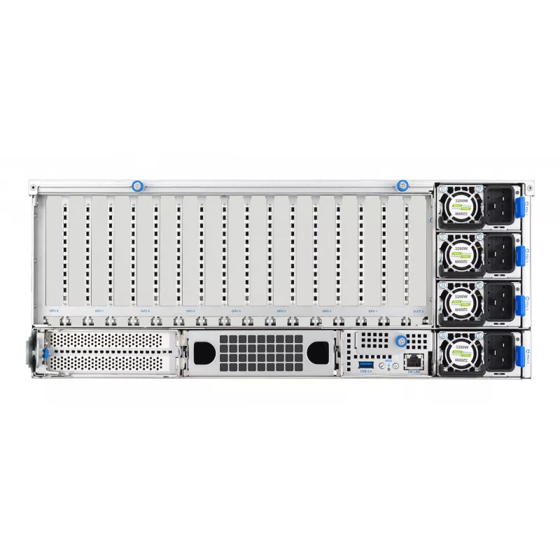 Serwer rack ASUS ESC8000A-E13 (4U) Srebrny — LGA 6096, AMD EPYC, DDR5, do 3 TB, 24 DIMM, 2× CPU, zasilacz 3200 W
