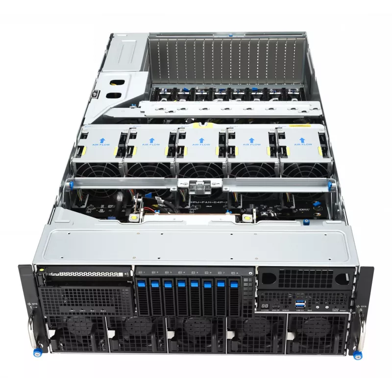 Serwer rack ASUS ESC8000A-E13 (4U) Srebrny — LGA 6096, AMD EPYC, DDR5, do 3 TB, 24 DIMM, 2× CPU, zasilacz 3200 W