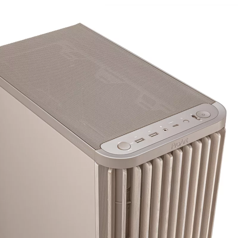 Obudowa PC ASUS ProArt PA401 Wood Edition Beige — mid-tower, przedni panel metalowy