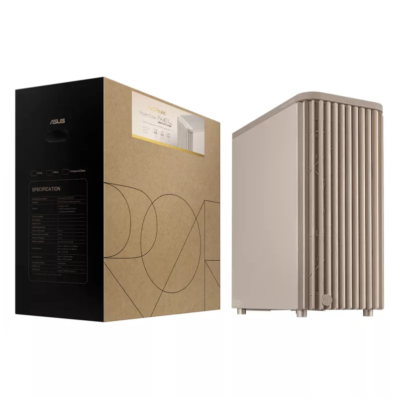 Obudowa PC ASUS ProArt PA401 Wood Edition Beige — mid-tower, przedni panel metalowy
