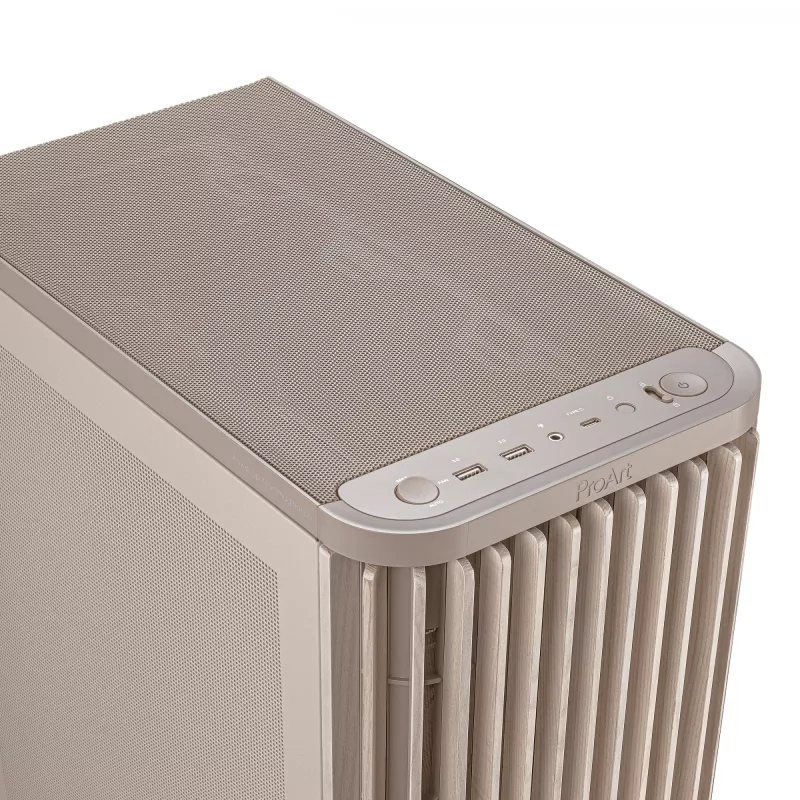 Obudowa PC ASUS ProArt PA401 Wood Mesh PWM Beżowa — ATX, drewno, 2×160 mm przód, 1×120 mm tył, 2×3.5 inch + 2×2.5 inch zatoki