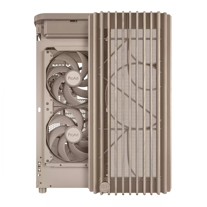 Obudowa PC ASUS ProArt PA401 Wood Mesh PWM Beżowa — ATX, drewno, 2×160 mm przód, 1×120 mm tył, 2×3.5 inch + 2×2.5 inch zatoki