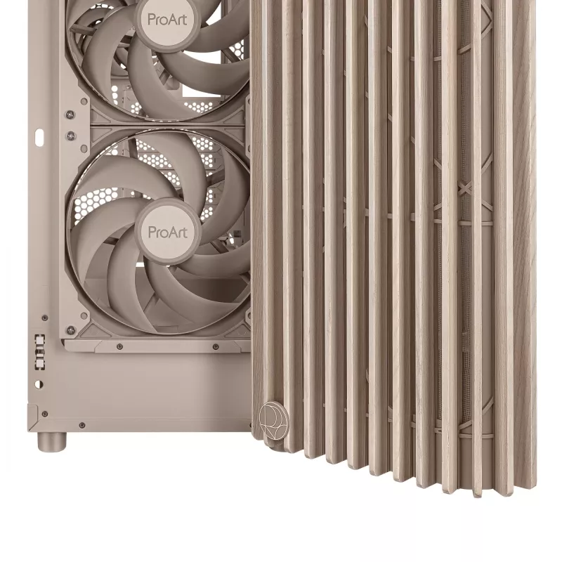 Obudowa PC ASUS ProArt PA401 Wood Mesh PWM Beżowa — ATX, drewno, 2×160 mm przód, 1×120 mm tył, 2×3.5 inch + 2×2.5 inch zatoki