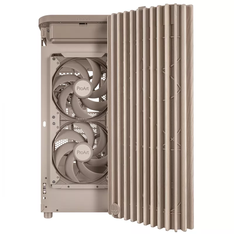 Obudowa PC ASUS ProArt PA401 Wood Mesh PWM Beżowa — ATX, drewno, 2×160 mm przód, 1×120 mm tył, 2×3.5 inch + 2×2.5 inch zatoki