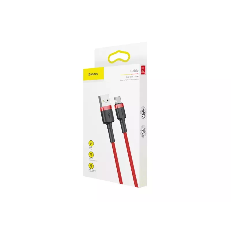 Kabel USB-A na USB-C Baseus Cafule — USB 2.0 A→C, obsługa ładowania QC3.0, oplot nylonowy, czerwony