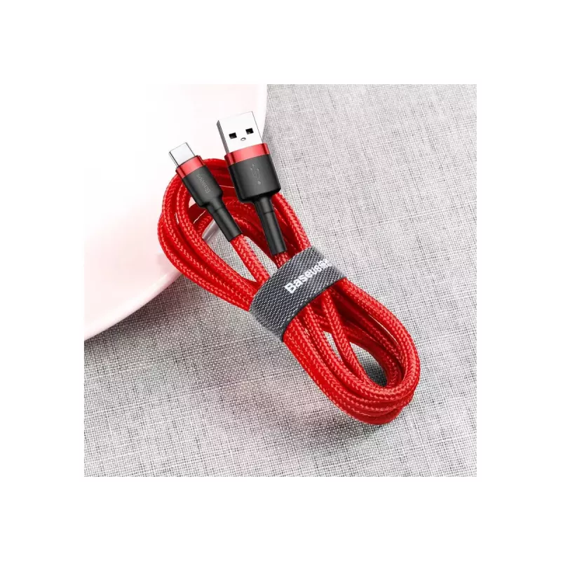 Kabel USB-A na USB-C Baseus Cafule — USB 2.0 A→C, obsługa ładowania QC3.0, oplot nylonowy, czerwony