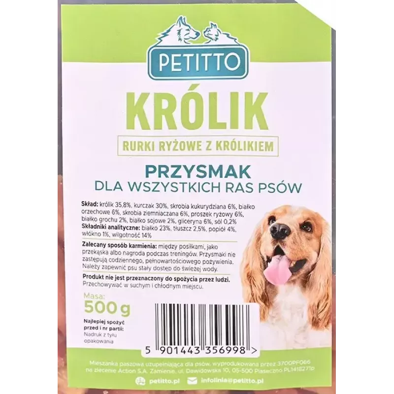 Przysmak dla psa PETITTO rurki ryżowe z nadzieniem z królika 500 g
