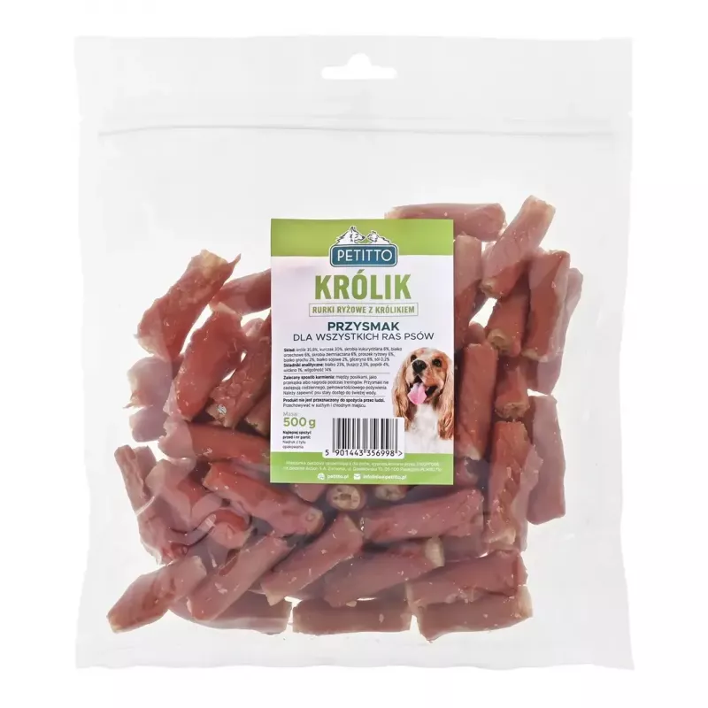 Przysmak dla psa PETITTO rurki ryżowe z nadzieniem z królika 500 g